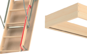  Wooden ladder with a red line, equipped with a weather seal gasket and handrail for enhanced safety and insulation.